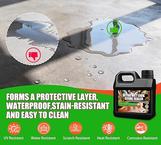 Wet Look Stone Sealer - 64oz Ultra Gloss Paver Sealer Stone Color Enhancer Concrete Sealer with Long-Lasting Gloss Protection, Stain Proof for Interior and Exterior Slate, Driveway, Floor, Standstone