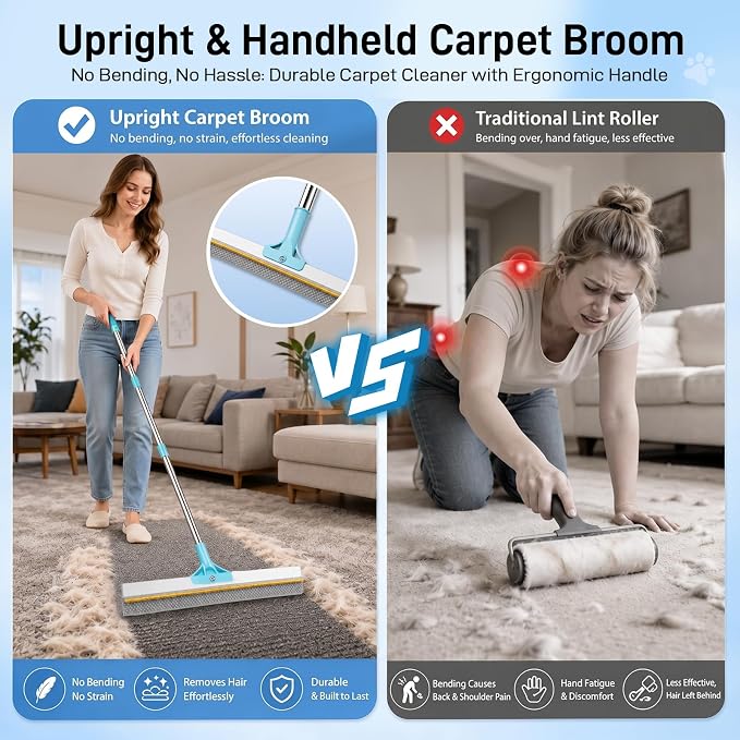 3-in-1 Carpet Rake for Pet Hair Removal, Reusable 54" Adjustable Long Handle Pet Hair Remover for Couch, 3 PCS Carpet Rake Scraper, Pet Hair Broom for Carpet, Rugs, Couch, Floor Scraping