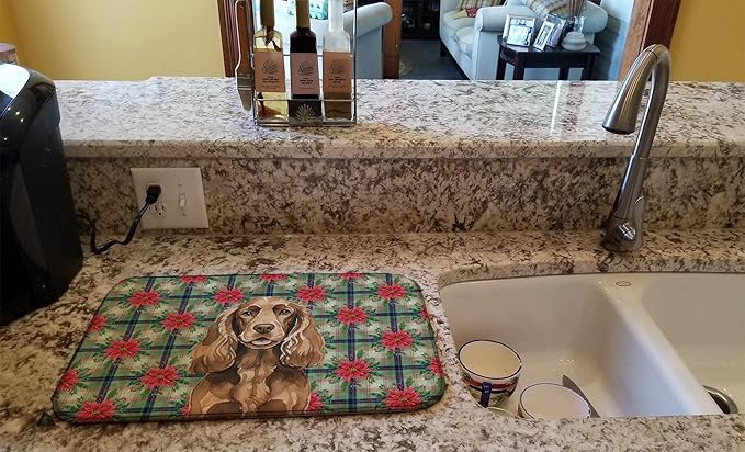 Caroline's Treasures Liver English Cocker Spaniel Christmas PoinsettIas Dish Drying Mat Absorbent Dish Drying Mat Pad for Kitchen Counter Dish Drainer Mat for Countertop, 14 x 21", Multicolor