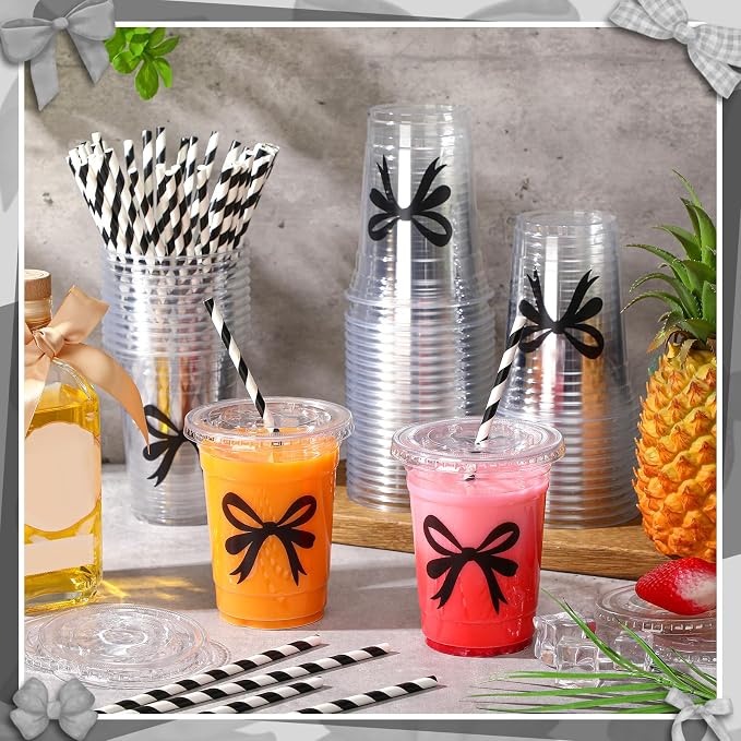 Sliner 25 Pcs 16 oz Coquette Disposable Plastic Cups with Straw for Party Supplies Bow Cups Birthday Wedding Bridal Engagement Party Drinkware Baby Shower Decoration (Black Bow)