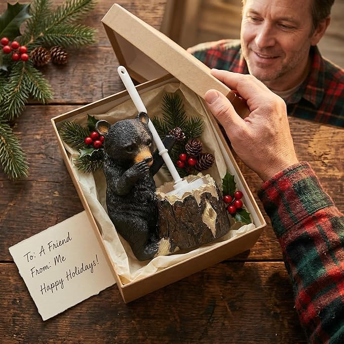 Whimsical Black Bear Toilet Brush Holder Set - Unique Cub Shape Decorative Bathroom Cleaning Kit for Cabin Owners, Bear-Themed Home Decor, Cozy Cabin Gifts