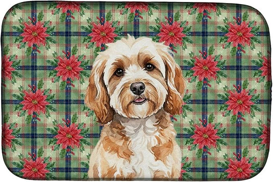 Caroline's Treasures Cavapoo Christmas PoinsettIas Dish Drying Mat Absorbent Dish Drying Mat Pad for Kitchen Counter Dish Drainer Mat for Countertop, 14 x 21", Multicolor