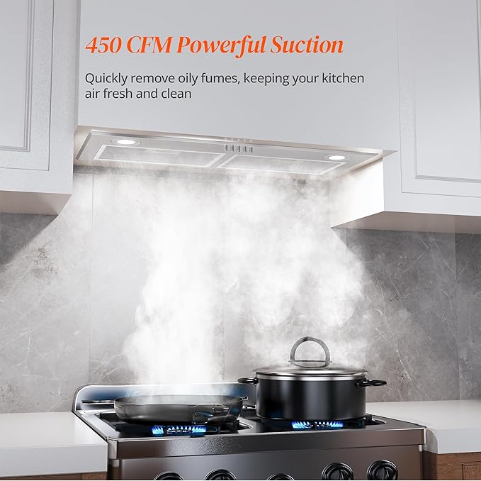 FIREGAS Range Hood 28 Inch, Built-in Stainless Steel Kitchen Vent Hood with 450 CFM, 3 Speed Exhaust Fan, 2 LED Lights & Button Control, Ducted/Ductless Convertible