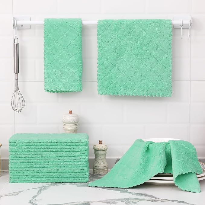 Homaxy 12 Pack Dish Towels for Kitchen (10 x 20 Inches, Green), Super Soft and Absorbent Coral Velvet Dish Cloths for Washing Dishes, Nonstick Oil Fast Drying Microfiber Cleaning Cloth