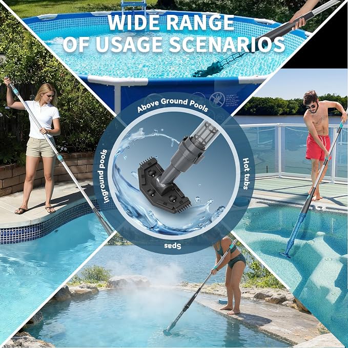 PoolMr Handheld Pool Vacuum for Above Ground Pool & Hot Tub Vacuum, with 2 Brush Heads, 90 Mins Running Time, 13.2 Gallons/Min Powerful Suction, Ideal for Cleaning Debris and Sand Underwater, Black