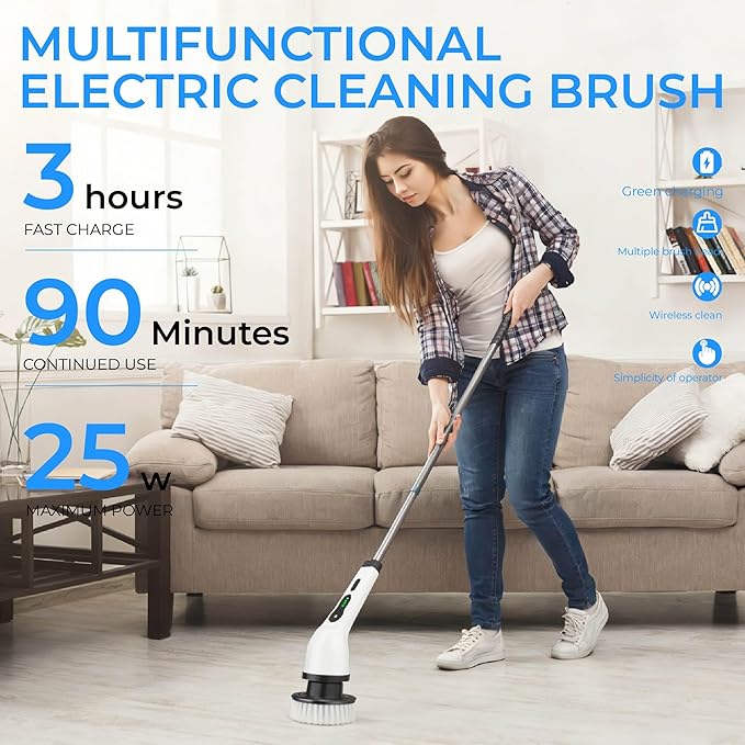 Electric Spin Scrubber with Long Handle，Cordless Bathroom & Kitchen Cleaner with 6 Replaceable Brush Heads，3 Adjustable Speeds for Tile Floor Tub Shower