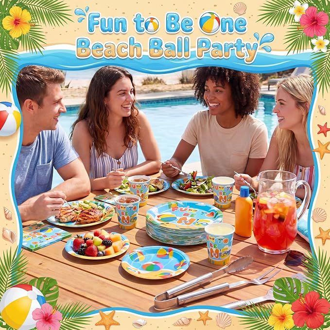 Pickmesh 250 Pcs Beach Ball Party Supplies Summer Beach Ball 1st Birthday Paper Plates Napkins and Cups Disposable Tableware Set Fun to Be One Party Decor for Hawaiian Pool First Birthday Serve 50