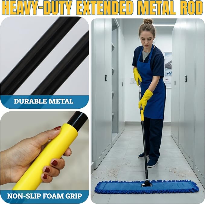 KLEEN HANDLER 36" Microfiber Dust Mop with Frame and 61" Extendable Clip-On Handle (2 Mop Heads, 1 Frame, 1 Handle), Commercial Dust Mop Kit for Floor Cleaning
