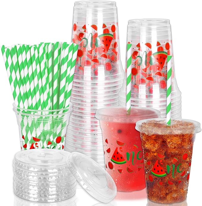 Whaline 50Pcs Watermelon Disposable Plastic Cups with Lids and Straws 12Oz Summer Fruit Cold Beverage Drinking Cups for First Birthday Baby Shower Party Supplies