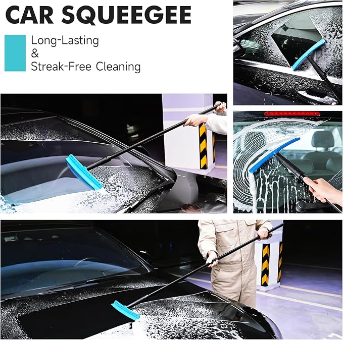 FOSHIO TPU Squeegee 10-Inch Blade with 4 Extension Poles (Extends up to 63 Inches), Anti-Slip Grip Handle Rubber Squeegee Streak-Free Cleaning for Car Windows, Shower Doors, Mirrors, Glass