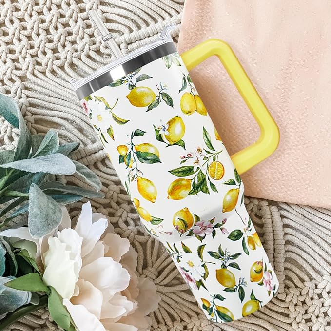Ceovfoi 40 oz Lemon Print Stainless Steel Tumbler With Lid and Straw - Yellow Coffee Travel Mug Cup Water Bottle - Gifts for Lemon Lovers
