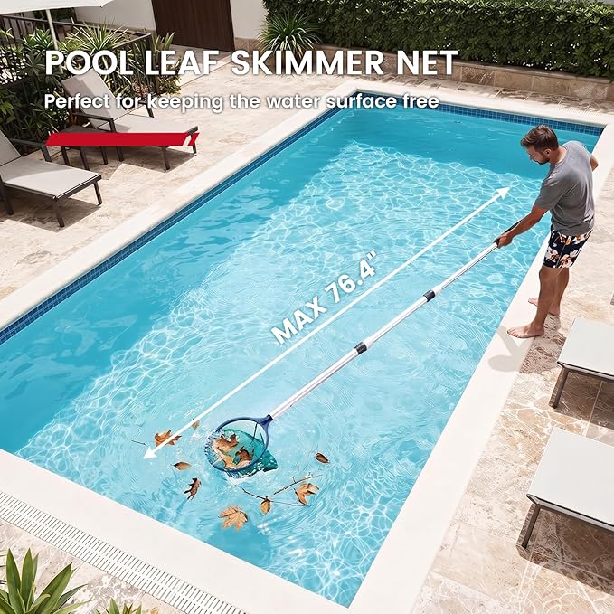 Enhulk PC40 Cordless Pool Vacuum with Pool Net, Upgraded 80 Mins Runtime, 18.5 GPM Powerful Suction, 76.8'' Telescopic Pole, 1 Filters, Handheld Pool Cleaner for Above Ground & Inground Pools