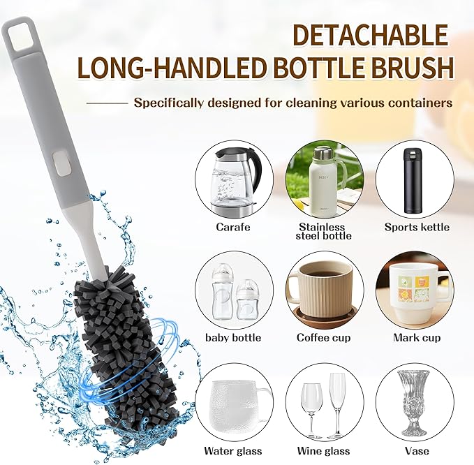 Five-Piece Bottle Brush Cleaning Set Includes 4 Straw Cleaning Brushes and 1 Cup Brush with Detachable Long Handle. Suitable for Cleaning Straws, Glasses, and Water Cups.