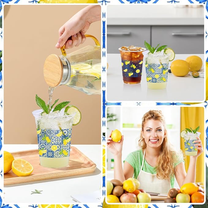 100Pcs Lemon Plastic Party Cups, 12oz Chinoiserie Lemon Disposable Clear Cups for Summer, Weddding, Baby Shower Parties, Holiday Gatherings, Birthday Party Drinking Cup