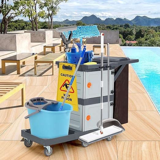 Janitorial Cart with 2 Cabinet, Commercial Traditional Janitorial 3-Shelf Cleaning Cart On Wheels with Cover and Vinyl Bag, for Housekeeping Hotels Apartment