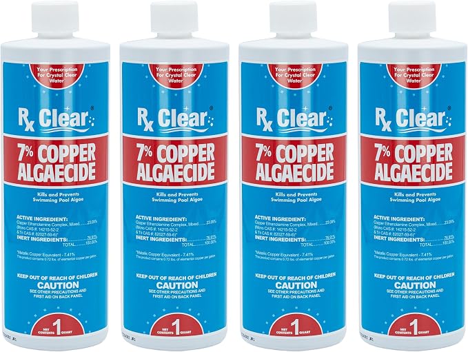 Rx Clear 7% Copper Algaecide | Kills and Prevents Algae for In-Ground and Above Ground Swimming Pools | Safe Formula for Swimmers | One Quart Bottles | 4 Pack