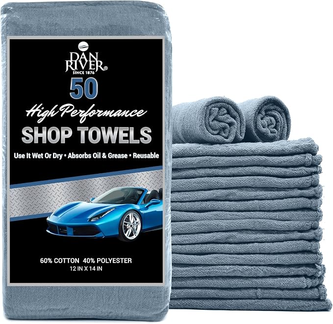 DAN RIVER Shop Towels, 50 Pack Commercial Use Medium Blue Terry Cloth Rags for Cleaning Cars & Household Surfaces – Well Absorbent, Reusable Cleaning Rags & Wash Clothes – Washable Towels