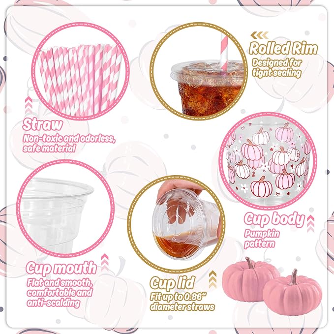 JarThenaAMCS 50Pcs Fall Plastic Cups with Lids and Straws 12oz Party Cups Pink White Pumpkin Disposable Cold Beverage Drinking Cup for Autumn Thanksgiving Party Supplies