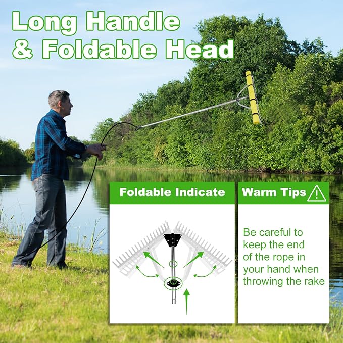 Pond Rake Aquatic Weed Rake,Detachable Float Lake Rakes,Aluminum Landscape Rake for Outdoor Pond with Extension Rope,Weed and Algae Removal,Upgraded Rakes Foam Fixing Velcro and carabiners