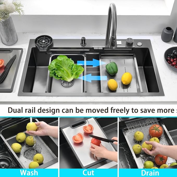 30" x 19.7" Black-Gray Waterfall Kitchen Sink, Drop In Stainless Steel Modern Single Bowl Sink with Pull-Out Spray Faucet, Cup Washer & Accessories