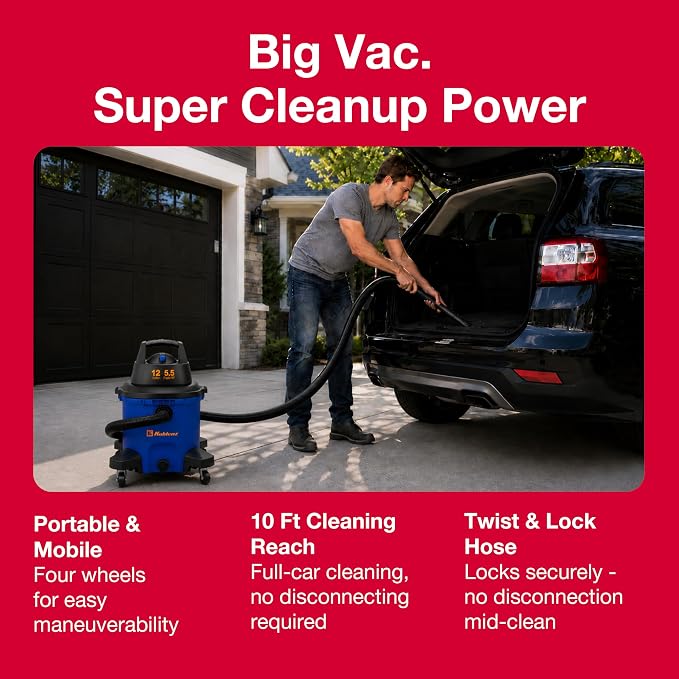 Koblenz WD-12 L4 Wet Dry Vacuum Cleaner, 12 Gallon 5.5 PHP, 3-in-1 Suction & Blower, 32 ft Reach, Drain Plug, Large Vacuum Cleaner for Car, Shop Vacuum Wet and Dry, Click-N-Lock Hose, Blue/Black