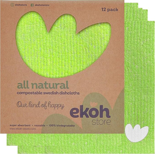 EKOH Swedish DishCloths 12 Pack, Reusable Paper Towels for Kitchen, Eco-Friendly Cellulose Sponge, Microfiber Alternative Dish Cloth, Kitchen Essentials, Apple Lime Green