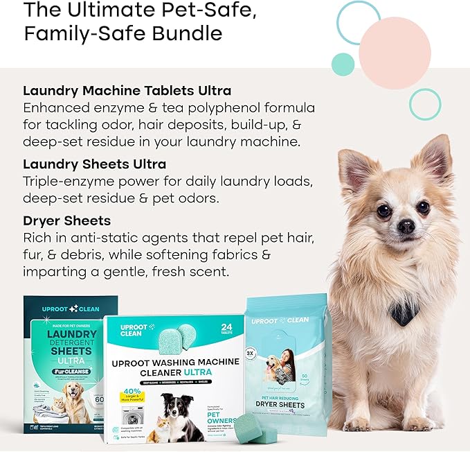 Uproot Clean Washing Machine Cleaner Tablets Ultra, Laundry Sheets Ultra, & Anti-Static Dryer Sheets Set: Deep-Clean Your Laundry Machine, Dissolve Odors & Residue, Repel Fur - Family & Pet Safe