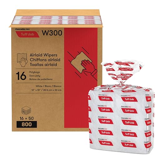 Cascades PRO Tuff-Job Wipers – 800 Sheets Airlaid 1-Ply Disposable Wipes – Highly Absorbent for Industrial, Automotive, and Janitorial Cleaning – 50 Sheets/Pack, 16 Packs/Box – W300 – White