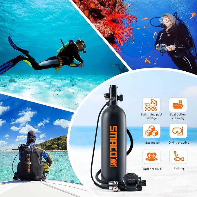 SMACO Mini Scuba Tank 1.9L Capacity Diving Oxygen Tank for Underwater Breathing Reusable Small Scuba Tank Kit with Portable Bag Scuba Cylinder for Underwater Entertainment/Diving Work