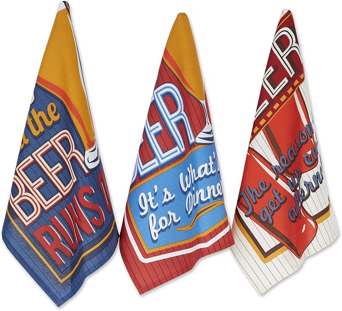 DII Assorted Print Dishtowel Set, 18x28", Retro Beer, 3 Count