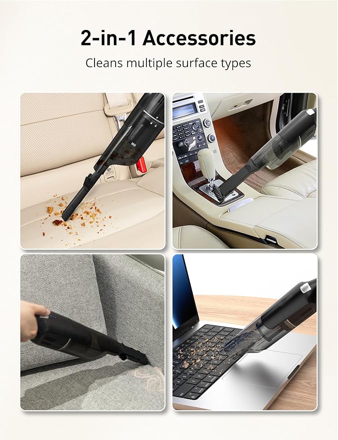 Handheld Vacuum Cordless, 24KPA Powerful Car Vacuum, Rechargeable, Charging Dock, Ergonomic Handle, 2-in-1 Crevice Tool, 1.8lb Portable Vacuum Cleaner with 2-Speed for Car, Home