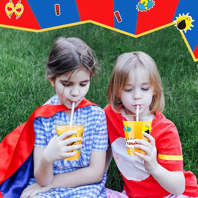 Uiifan 50 Pcs Hero Party Cups Supplies Bulk Comic Hero's Action Birthday Party Decoration 12 oz Cityscape Buildings Disposable Clear Plastic Cups for Hot Cold Drinking Birthday Favor