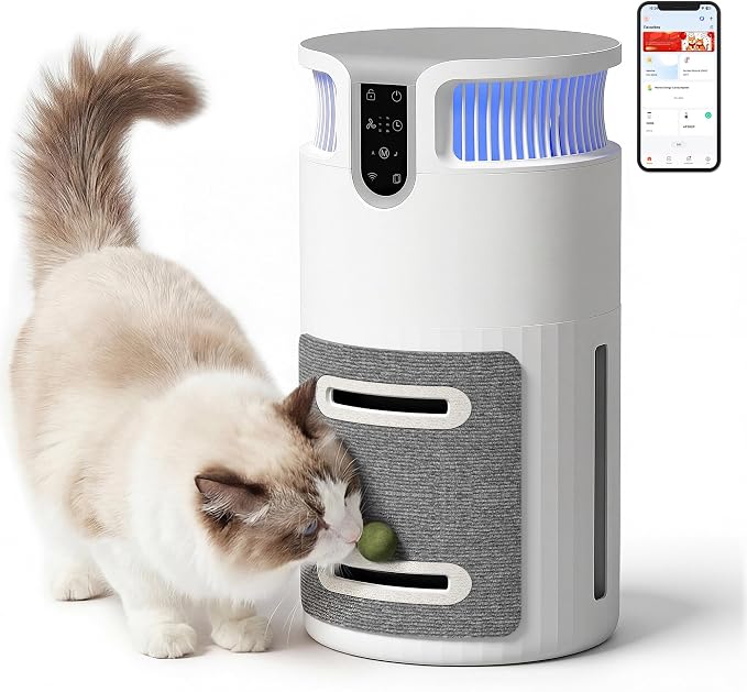 Greesum Pet Air Purifier for Cats, 320m³/h CADR Smart Air Cleaner with Cat Scratcher & Catnip Ball, 4-Color PM2.5 Indicator, App Control, Child Lock, Washable Body, Odor & Pet Hair Removal for Home