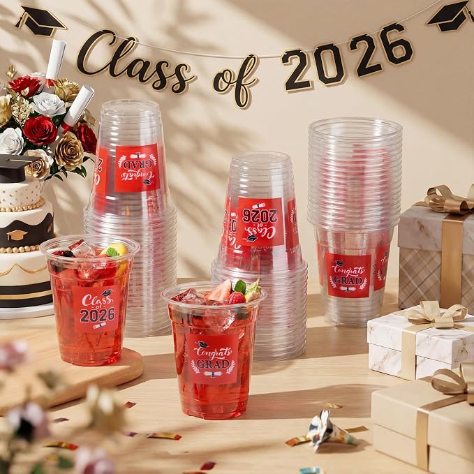 Amyhill 60 Pack 12oz Graduation Cups 2026 Graduation Decorations Disposable Plastic Cups Sturdy&Durable Drinkware for Class of 2026 Decorations Congrats Grad Party Favors Supplies (Red)