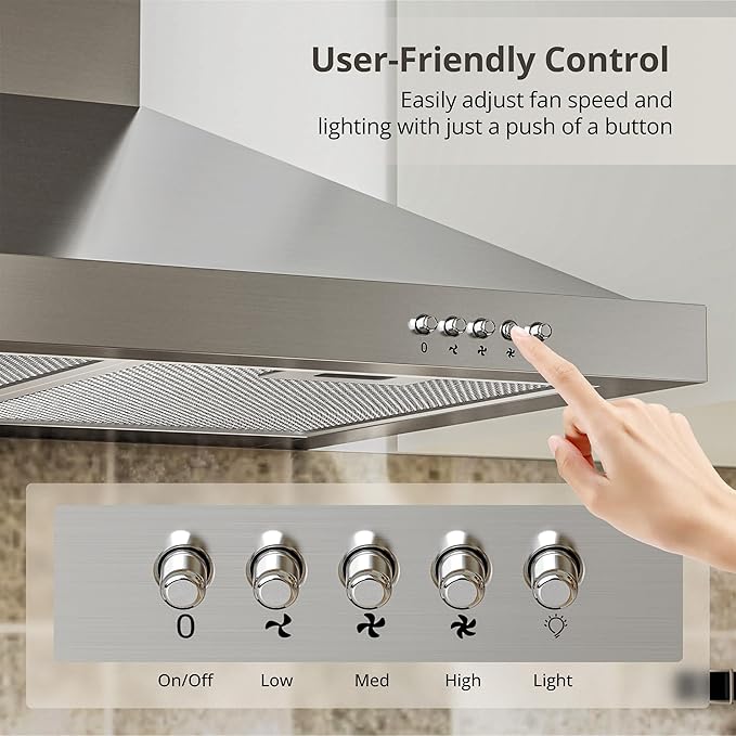FIREGAS Range Hood 24 inch Wall Mount Type with Ducted/Ductless Convertible, 450 CFM Stainless Steel Chimney-Style Kitchen Hood, Over Stove Vent Hood with 3 Speed Fan, Charcoal Filters