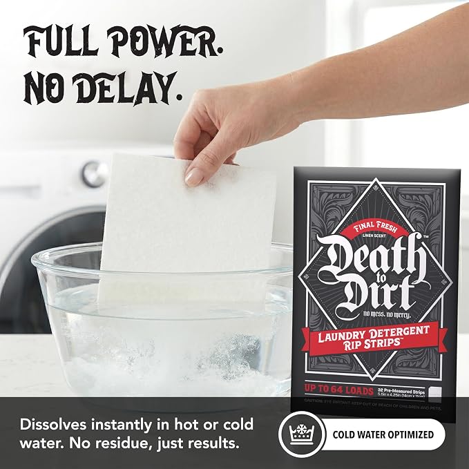 Death to Dirt Laundry Detergent Sheets, 192 Loads, Tough on Stains and Odors, Gentle on Skin and Fabric, Plant-Based & Eco-Friendly, Final Fresh Linen Scent, 32ct (3 Pack)