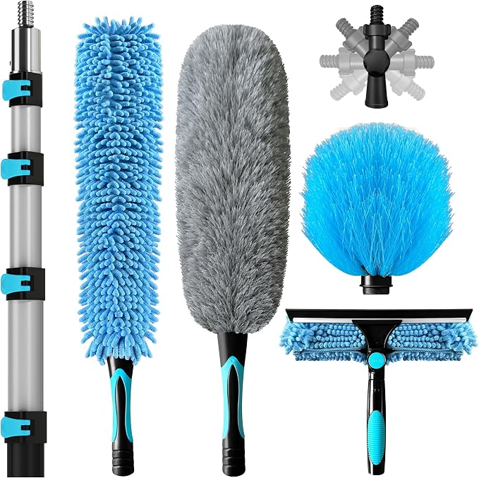COVERONICS 25FT High Duster Cleaning Tools with 5-20FT Extension Poles - Reusable Fan Duster Cleaning Kits with Ceiling Fan Cleaner Duster, Window Squeegee, Microfiber Feather Duster & Cobweb Duster