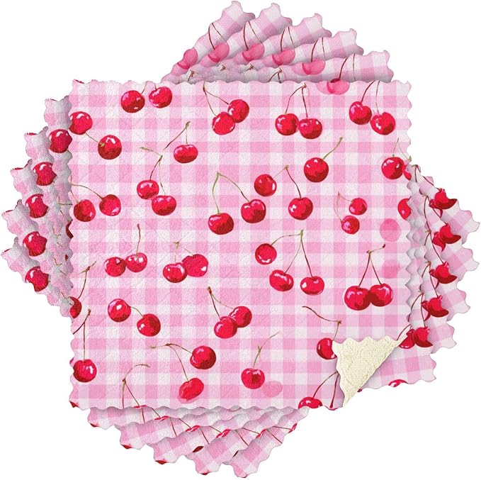 Pink Juicy Checkered Cherry Kitchen Towels Dish Cloths Set of 6 Microfiber Cleaning Cloths for Cars Super Absorbent Machine