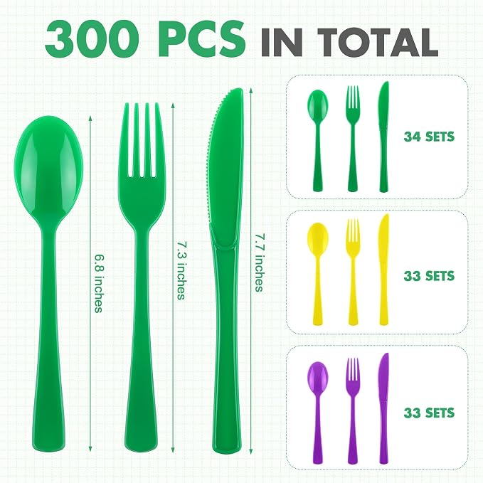Kochorie 300 Pieces Mardi Gras Plastic Silverware, Disposable Plastic Masquerade Utensils Heavy Duty Cutlery Set Include Spoons Forks Knives for Carnival Birthday Mardi Gras Party, Purple Yellow Green