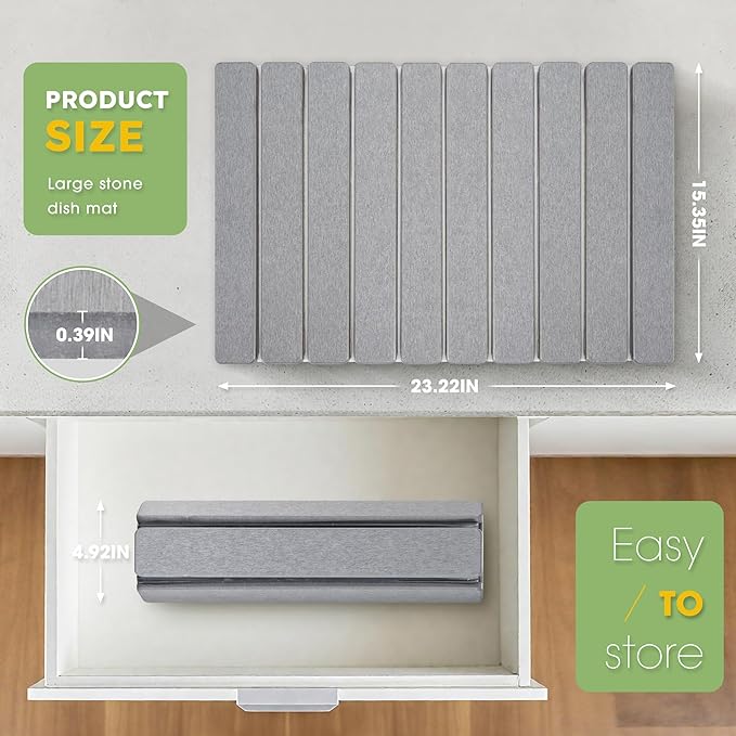 HABUTWAY Large Stone Dish Drying Mat for Kitchen Counter – 24"×16" Collapsible Diatomaceous Earth Mat, Ultra Absorbent & Quick Dry, Foldable Drying Pad for Dishes, Bottles, Cups (Light Grey)