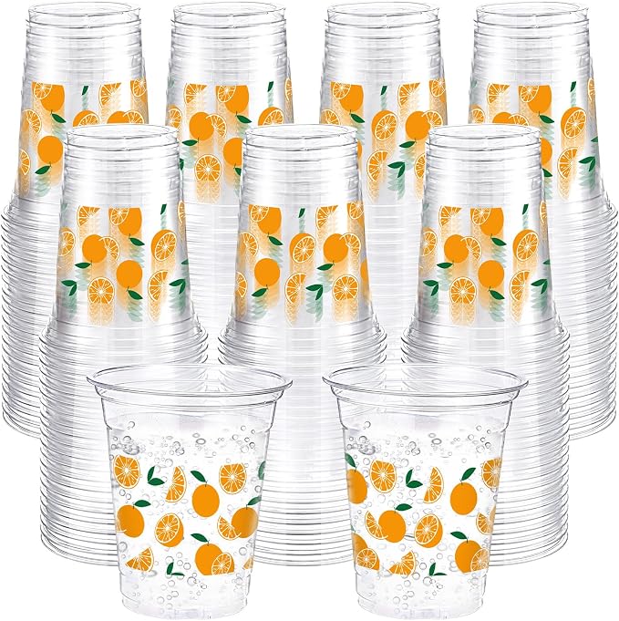 Jingmore 100 Pcs Orange Plastic Cups 12 oz Little Cutie Citrus Disposable Clear Plastic Drinking Cups Bulk for Fruit Theme Little Cutie Baby Bridal Shower Birthday Wedding Party Decorations Supplies