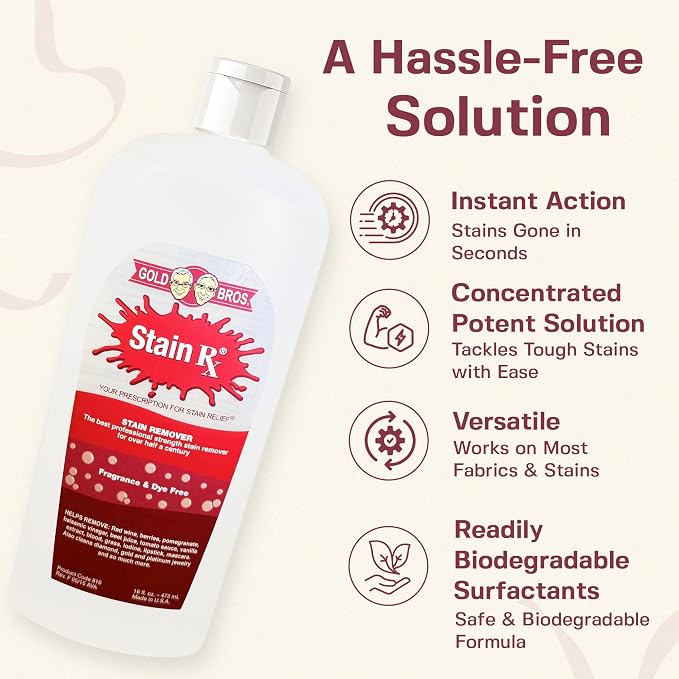 Stain Remover, Effectively Eliminates Stains from Wine, Berries & Blood on Colorfast Fabrics, Carpets, Upholstery & Jewelry, Fragrance & Dye-Free, Bleach-Free, Peroxides & Phosphates, 16 oz
