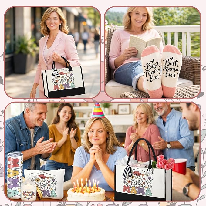 Patelai 7 Pcs Mothers Day Gifts, Mom Birthday Gifts Mothers Day Gift from Daughter Son Child Ideas Basket Gift for Women with 20 oz Cup Tote Bag Makeup Bag for Mother