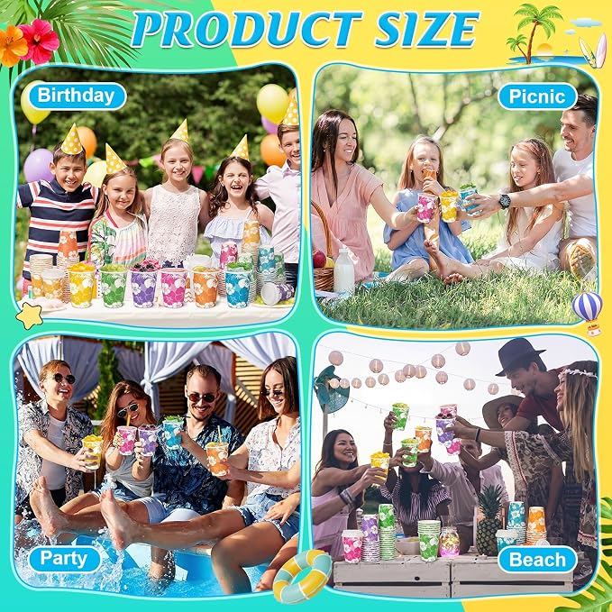FoldTier 120 Pcs 12 oz Hawaii Hibiscus Paper Cups with Lids Summer Luau Disposable Drinking Cups Tropical Hawaiian Aloha Drinkware Beach Party Drinking Supplies for Cold Beverage Drinks(Summer)