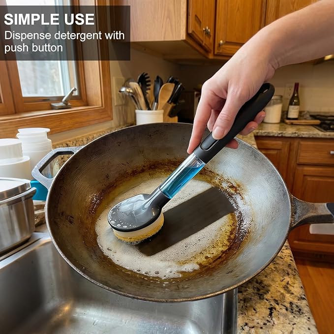 Soap Dispensing Sponge Brush, 2 Pack | Non-Scratch Dish Wand, Kitchen Cleaning, Heavy Duty Dishwashing Scrubber, For Grease & Grime