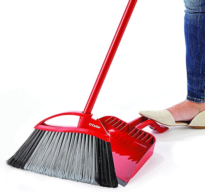 O-Cedar Scrunge Multi-Use (Pack of 6) Non-Scratch, Odor-Resistant All-Purpose Scrubbing Sponge & Pet Pro Broom & Step-On Dustpan PowerCorner, Red