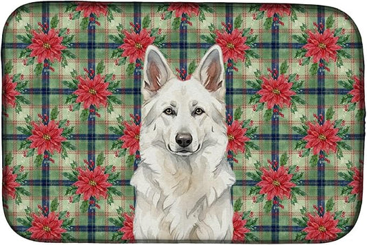 Caroline's Treasures White German Shepherd Christmas PoinsettIas Dish Drying Mat Absorbent Dish Drying Mat Pad for Kitchen Counter Dish Drainer Mat for Countertop, 14 x 21", Multicolor
