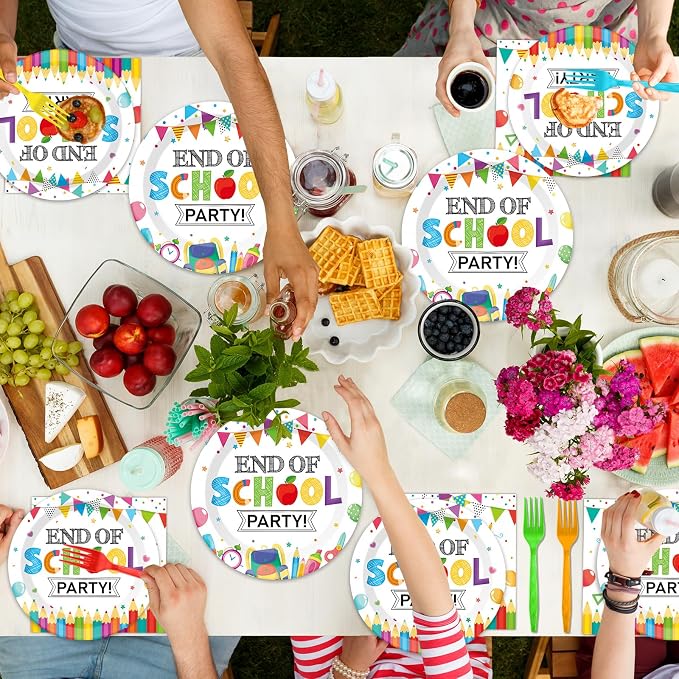 CHUNNIN 96Pcs End of School Party Paper Plates and Napkins Graduation Decorations End of School Graduate Disposable Dinnerware Tableware Set for 24 Guests Classroom Teacher Graduation Party Supplies