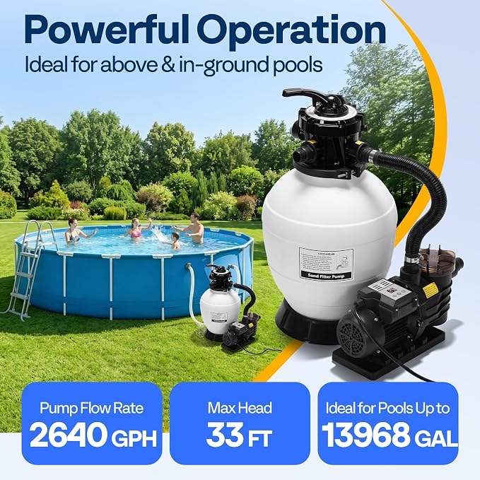 VIVOHOME Sand Filter Pump with 1/2 HP Motor, 2640 GPH w/Timer for in/Above Ground Pools up to 14,000 Gallons, 7-Way Valve with 55-Pound Sand Capacity
