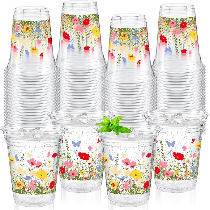 Qinyoung 50 Pcs Plastic Cups 12oz Disposable Cups Bulk Drinking Cup for Cold Drinks Baby Shower Wedding Birthday Valentine's Day Party Supplies (Wildflower)